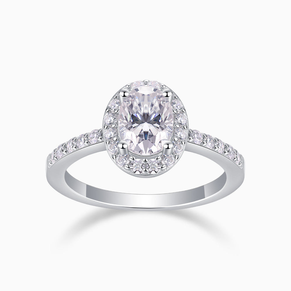 Oval Moissanite pavé engagement ring with halo, white gold vermeil band