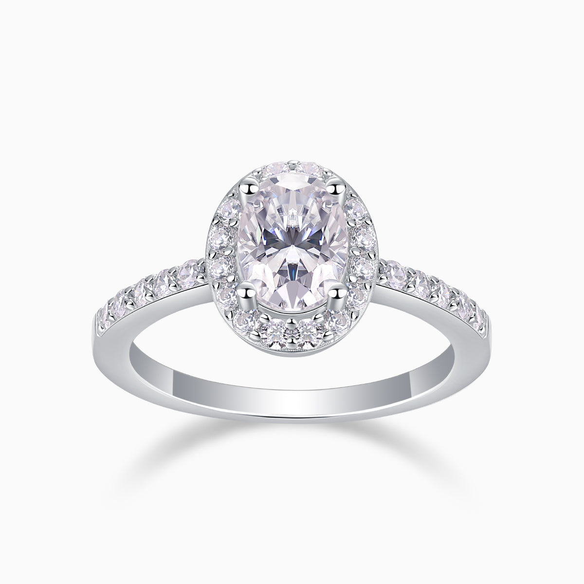 Oval Moissanite pavé engagement ring with halo, white gold vermeil band