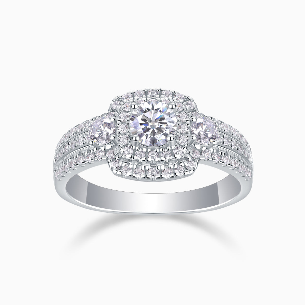 Square halo moissanite ring with double halo and pavé band, white gold vermeil finish