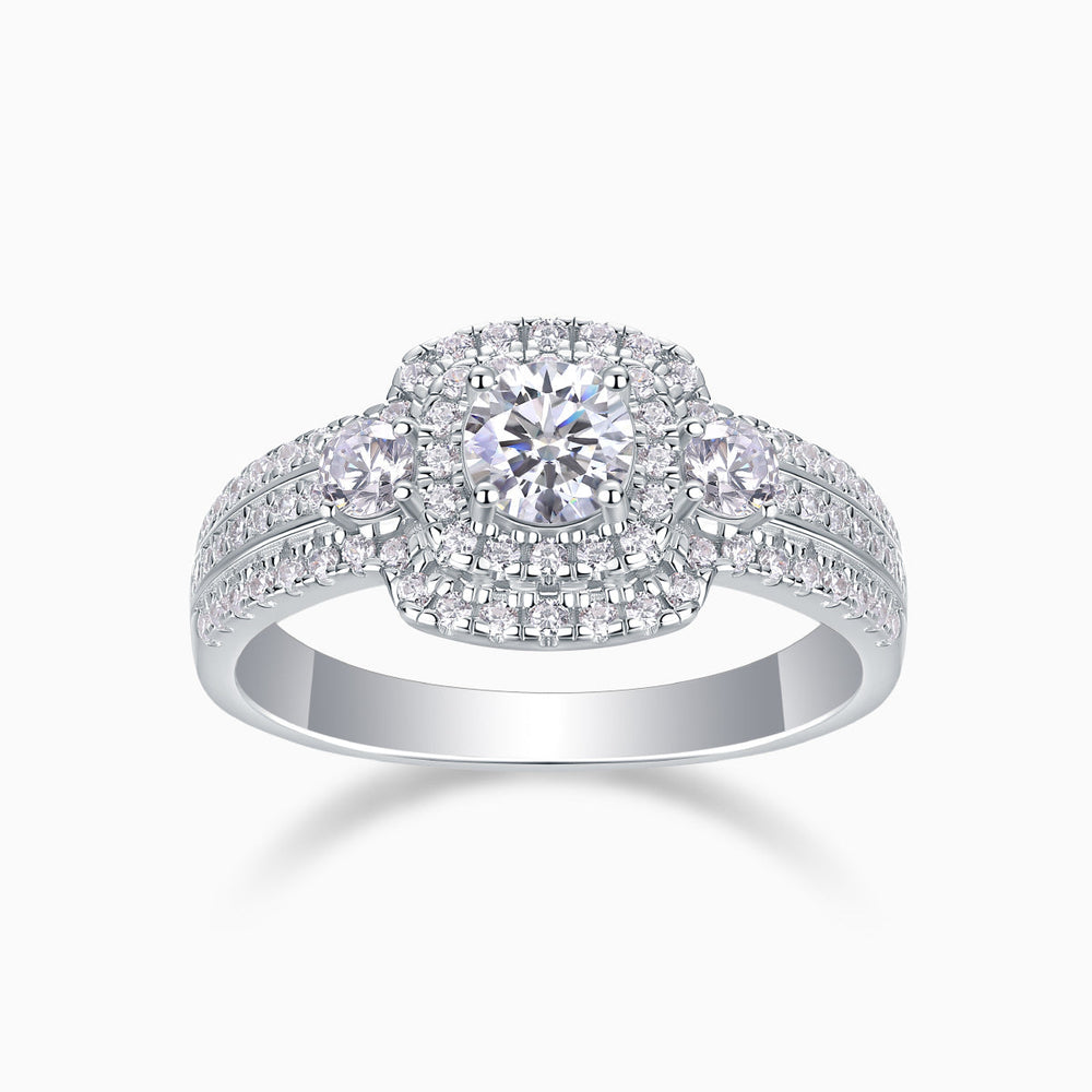 Square halo moissanite ring with double halo and pavé band, white gold vermeil finish