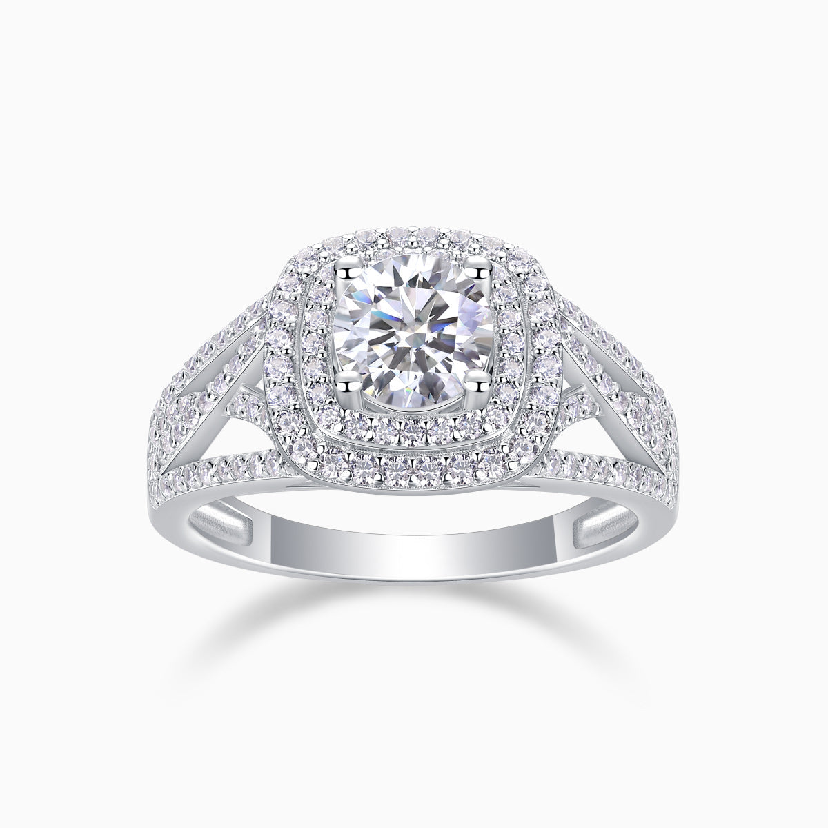 Moissanite halo cushion engagement ring, white gold-plated setting