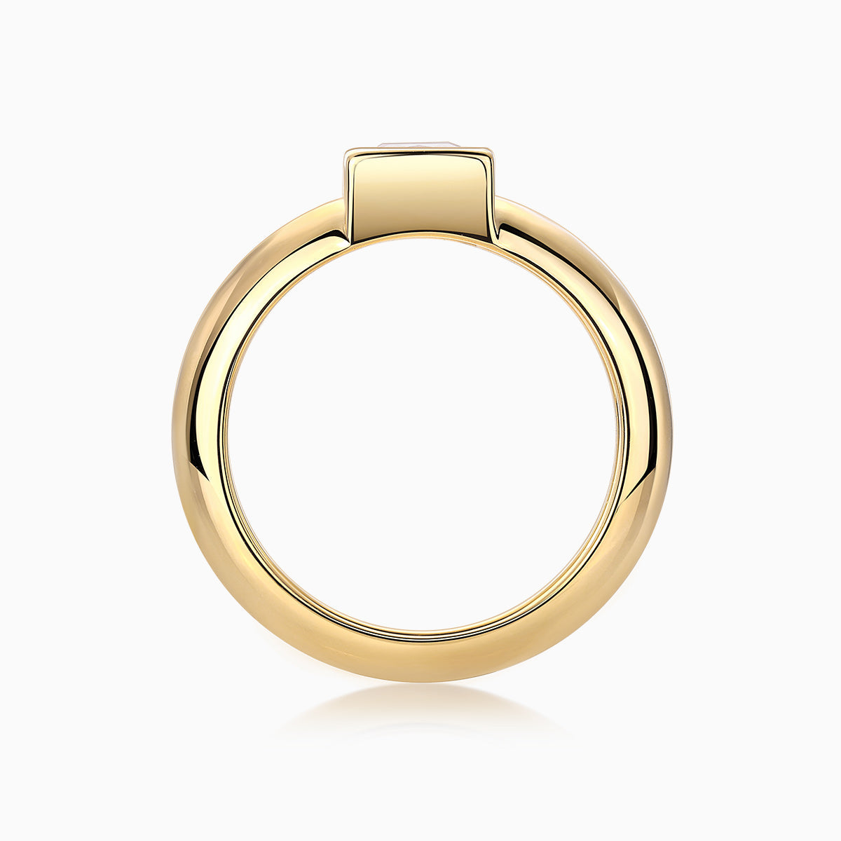 Back view of yellow gold vermeil solitaire ring with square setting and smooth band
