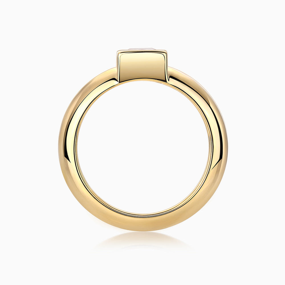 Back view of yellow gold vermeil solitaire ring with square setting and smooth band