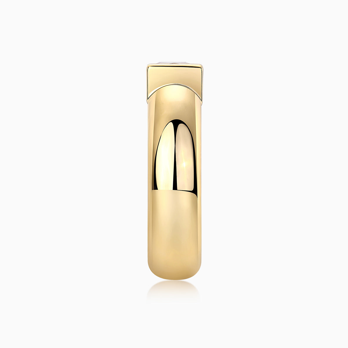 Profile view of yellow gold vermeil solitaire ring with square-set moissanite