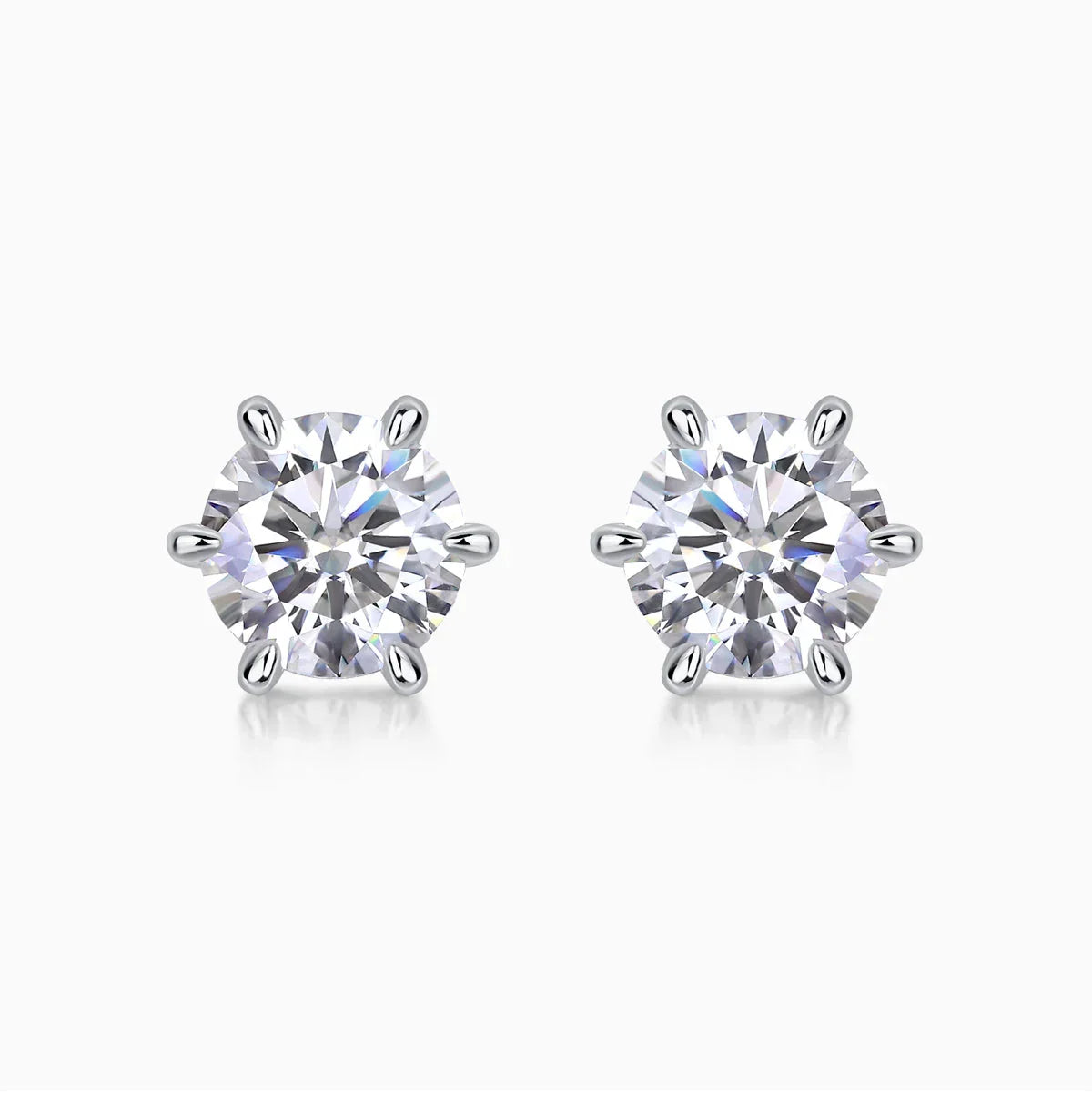 Classic 6-prong moissanite solitaire stud earrings, white gold vermeil, round cut