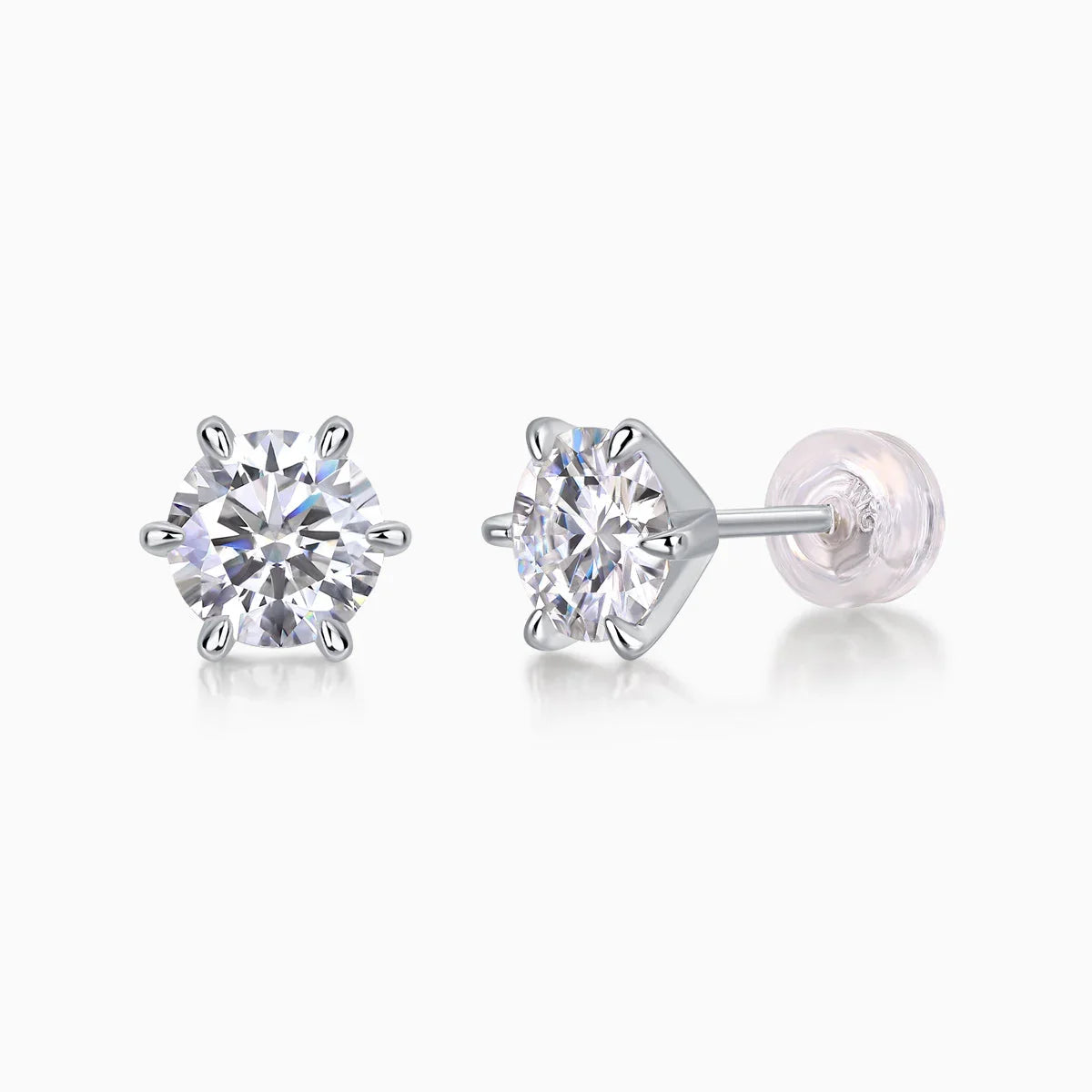 Classic moissanite solitaire stud earrings, back view with round stone and post