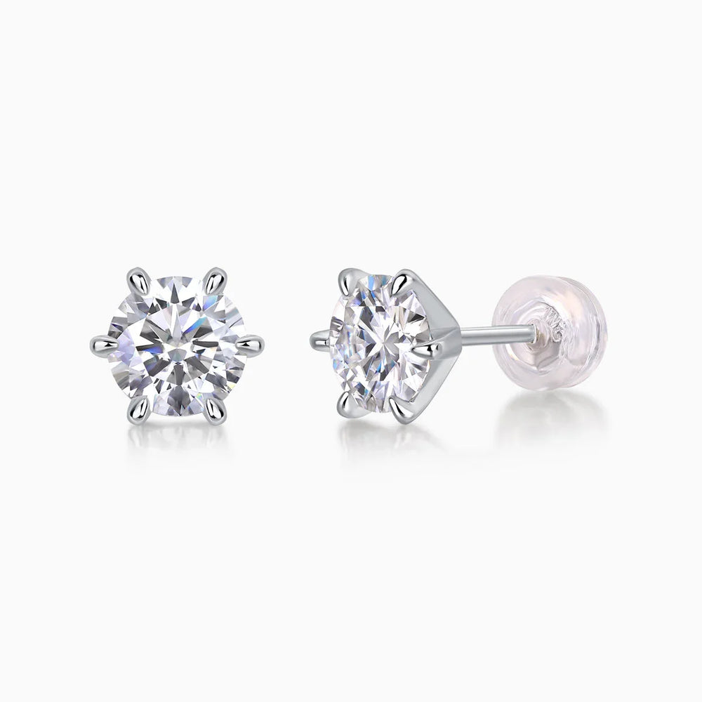 Classic moissanite solitaire stud earrings, back view with round stone and post