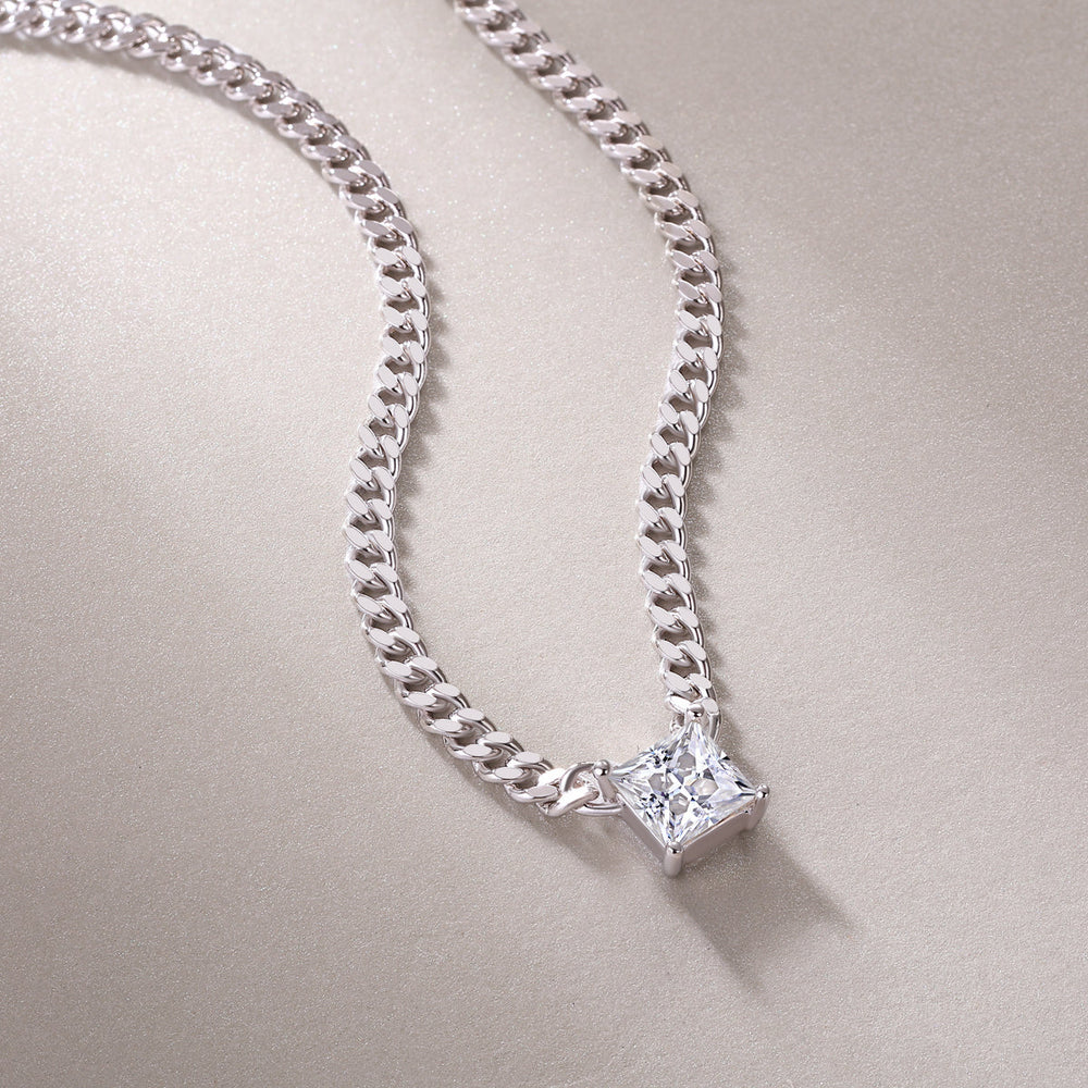 Square princess-cut moissanite pendant on Cuban link chain, white-toned finish