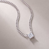 Square princess-cut moissanite pendant on Cuban link chain, white-toned finish