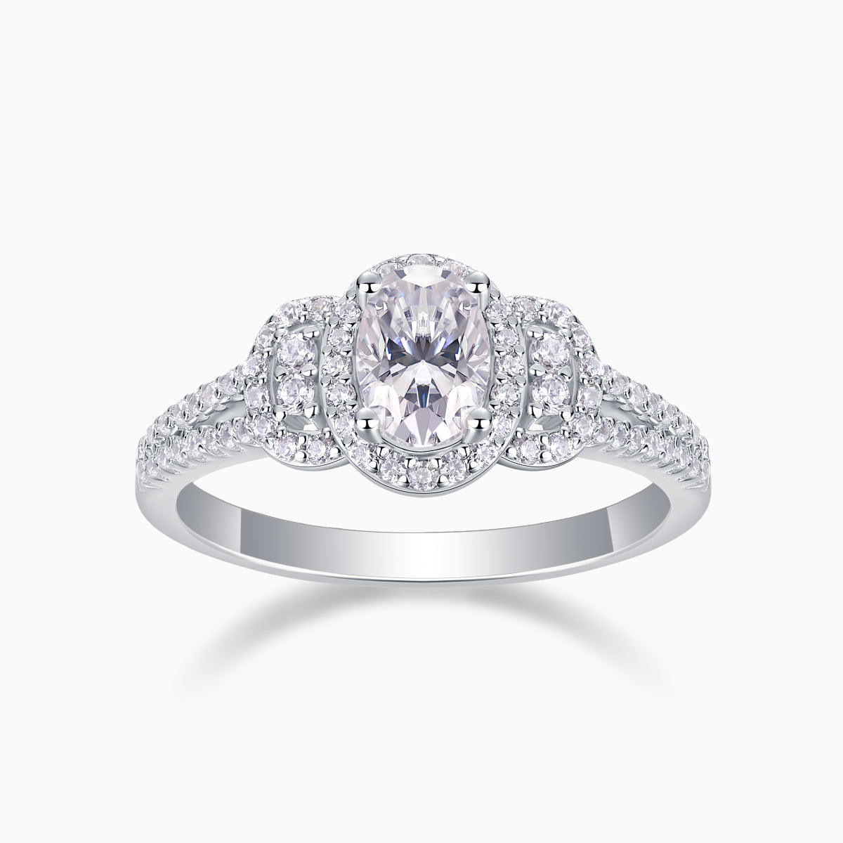 Oval halo moissanite ring with double pavé band in white gold vermeil