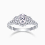 Oval halo moissanite ring with double pavé band in white gold vermeil