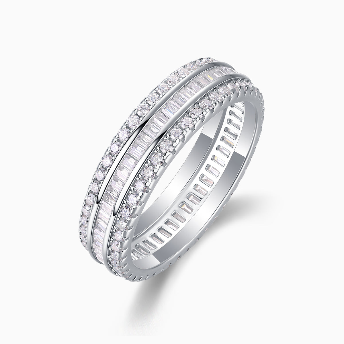 Three-row eternity band, pavé outer rows and baguette-style center stones