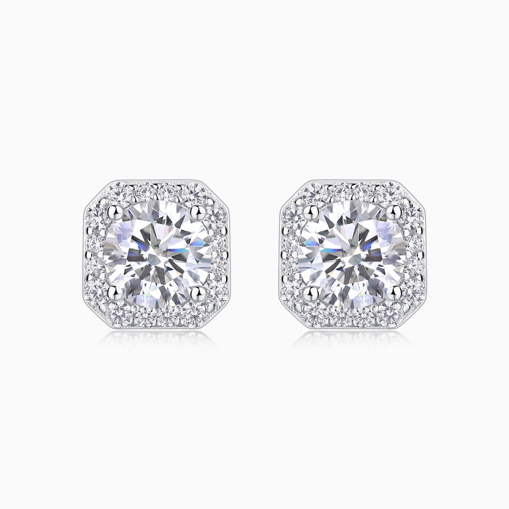 Octagon Halo Moissanite Stud Earrings: round center stone, white gold vermeil halo