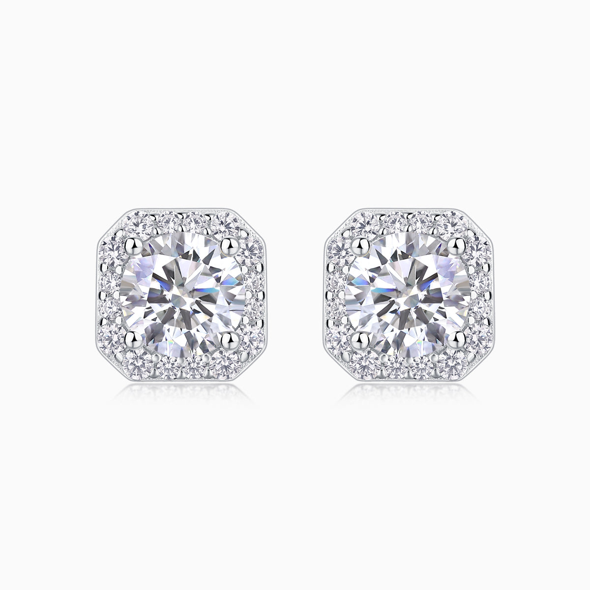 Octagon Halo Moissanite Stud Earrings: round center stone, white gold vermeil halo