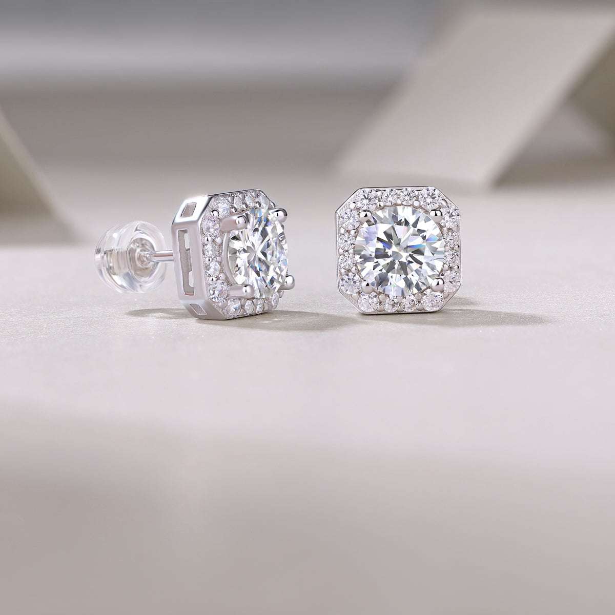 Octagon Halo Moissanite Stud Earrings, white gold vermeil, octagonal setting front