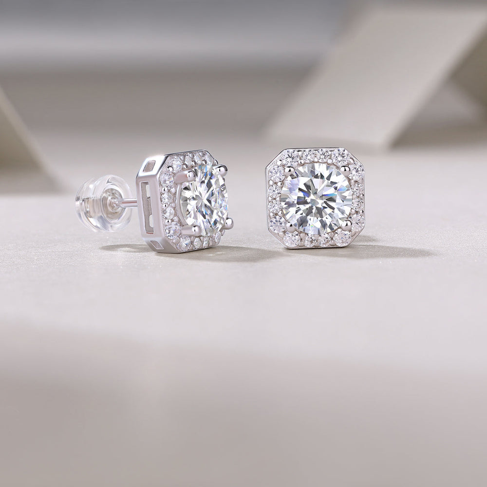 Octagon Halo Moissanite Stud Earrings, white gold vermeil, octagonal setting front