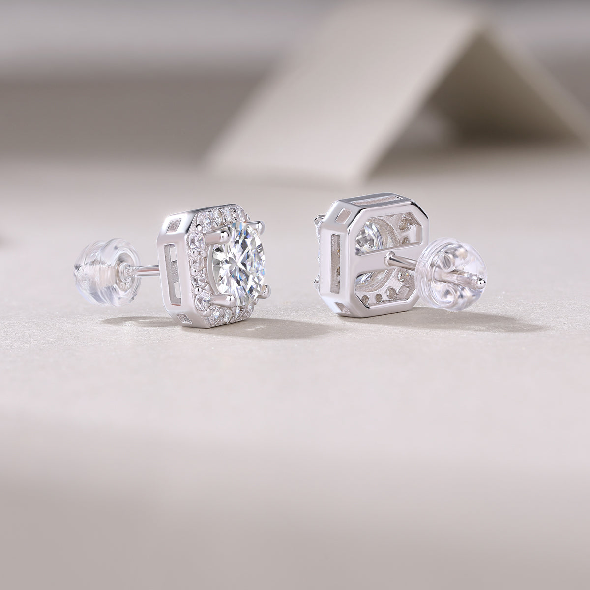 Octagon Halo Moissanite Stud Earrings with white gold vermeil backing and octagonal frame