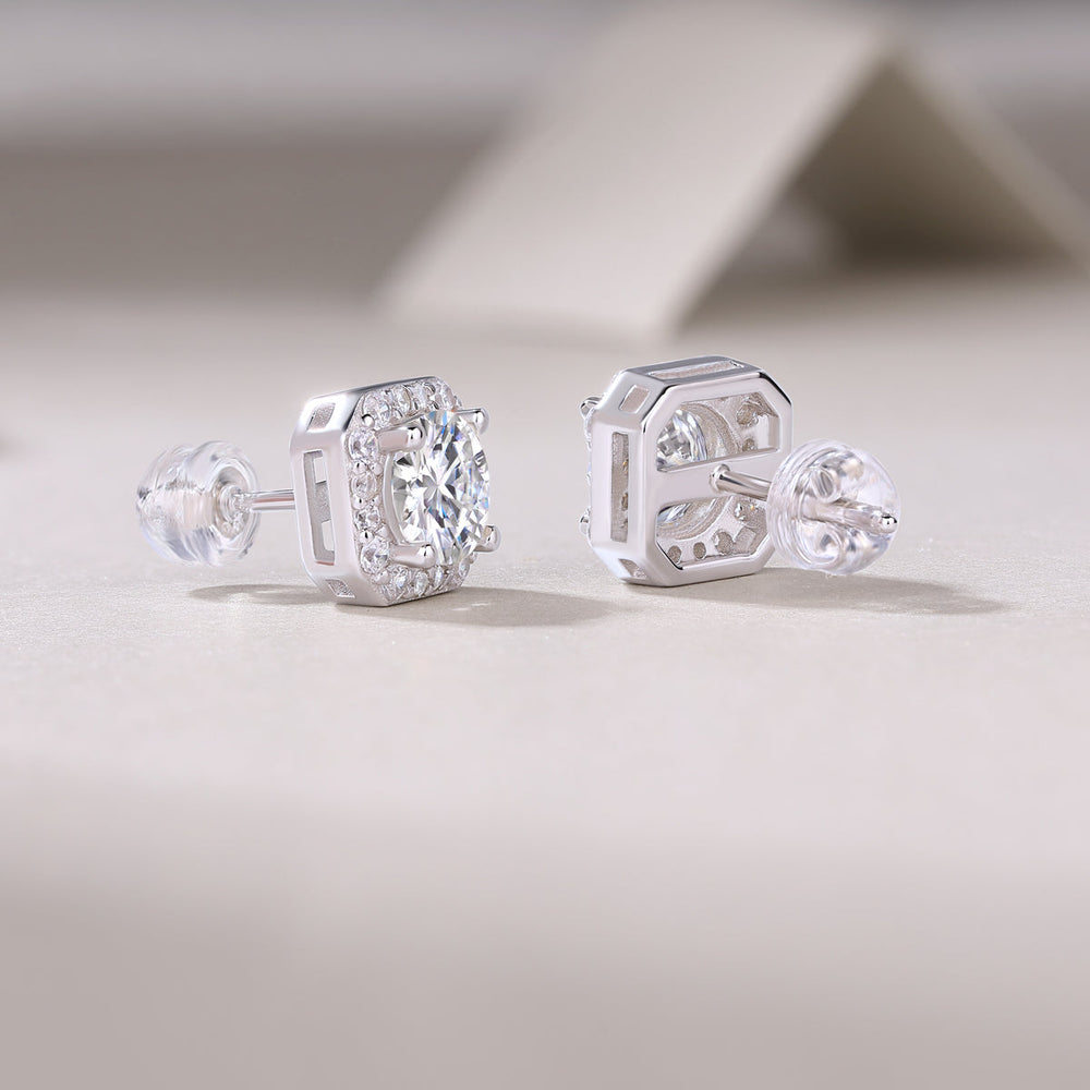 Octagon Halo Moissanite Stud Earrings with white gold vermeil backing and octagonal frame
