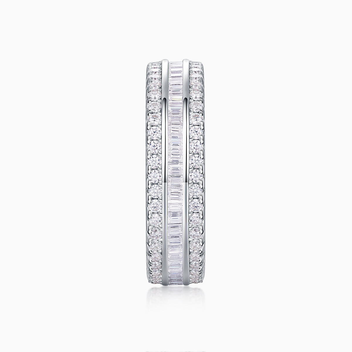 Side view of three-row eternity band with pavé stones and baguette-style center