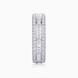 Side view of three-row eternity band with pavé stones and baguette-style center