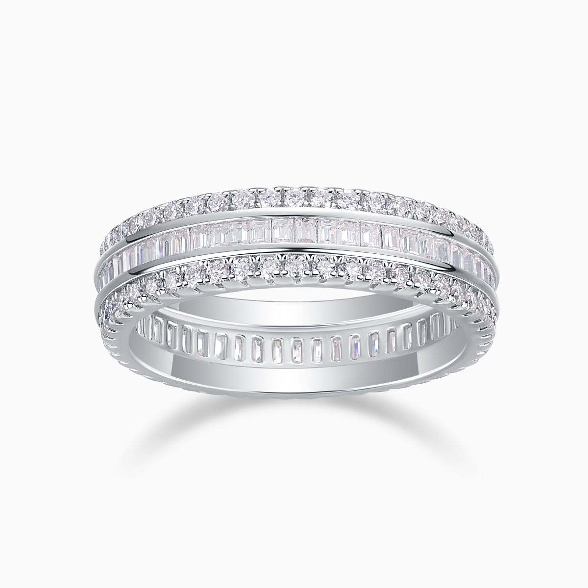 Three-row eternity band with pavé stones, white gold vermeil finish