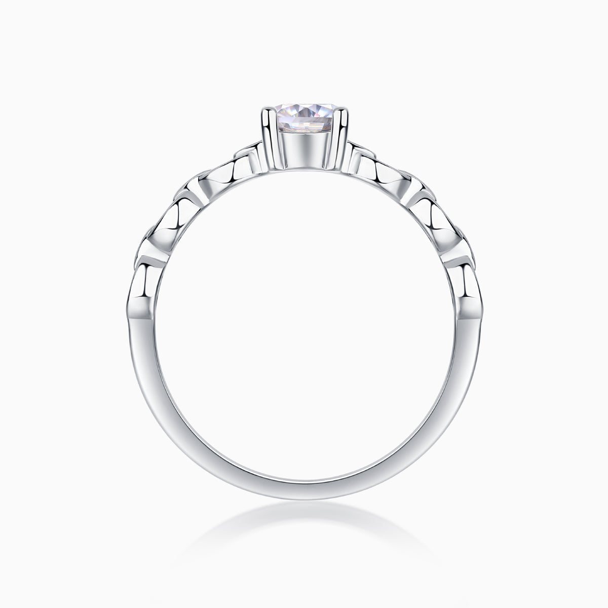Oval moissanite ring top view with prong-set center stone and chain-link band