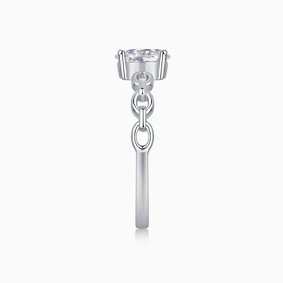 Moissanite oval ring with prong-set center stone and looped chain link band