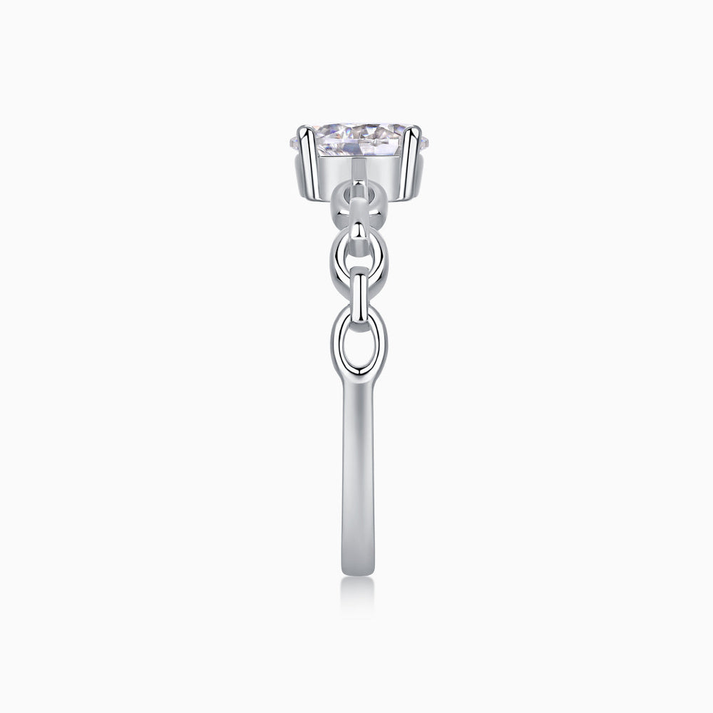 Moissanite oval ring with prong-set center stone and looped chain link band