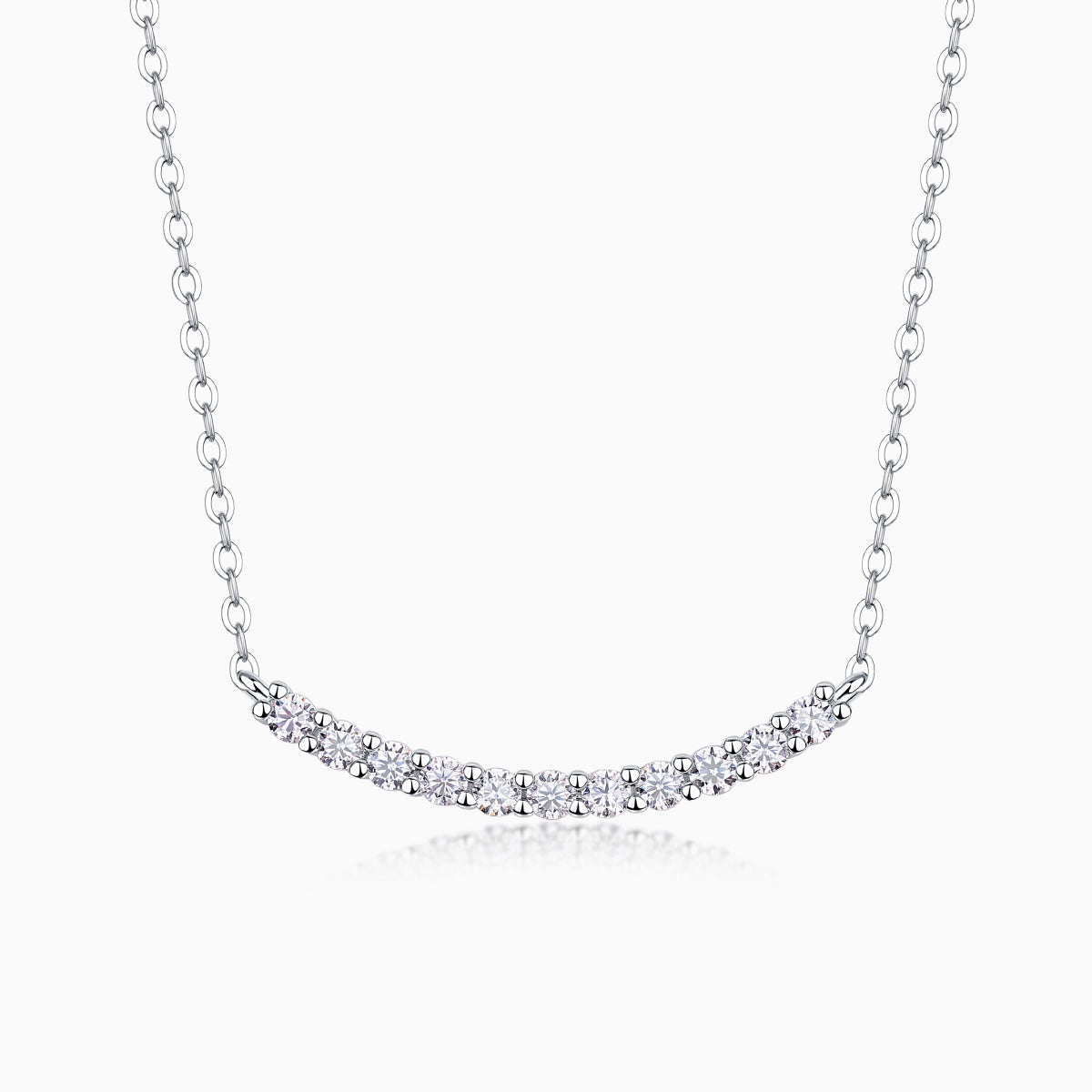 White Gold Vermeil curved bar moissanite smile necklace with sparkling round stones
