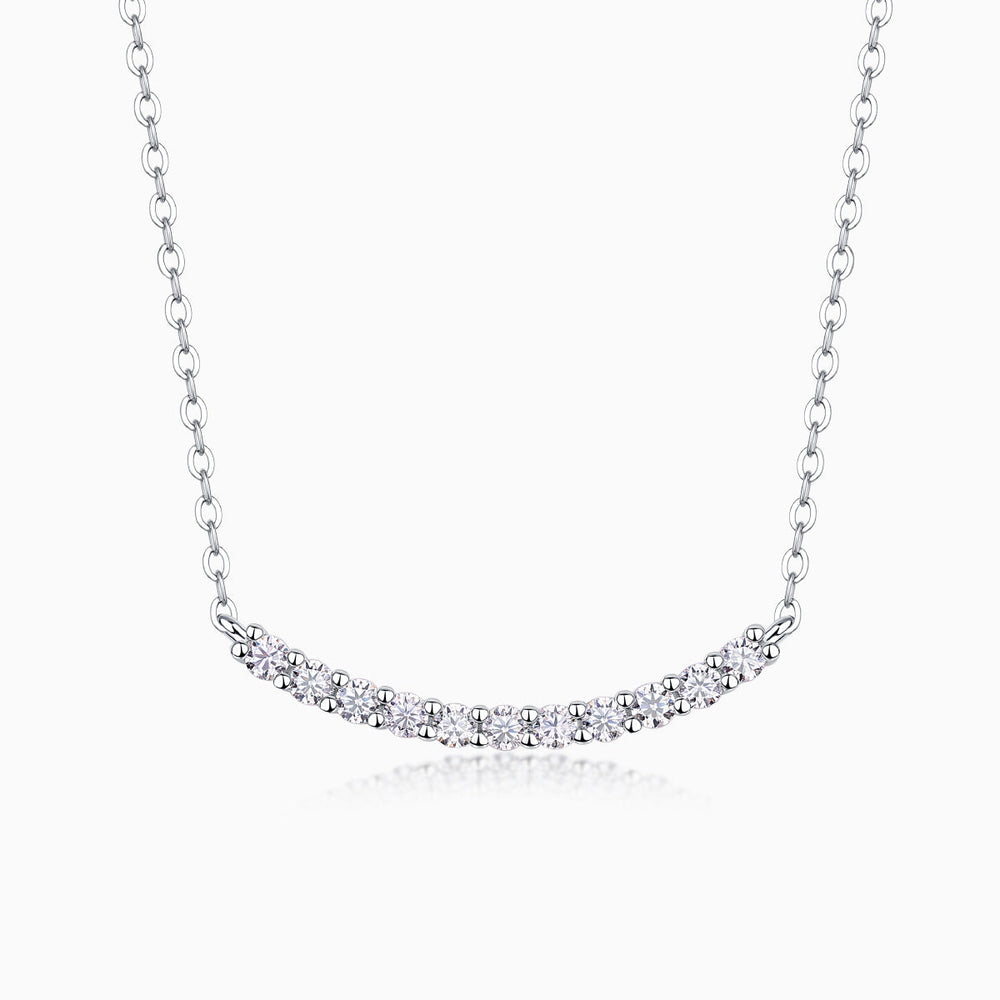 White Gold Vermeil curved bar moissanite smile necklace with sparkling round stones
