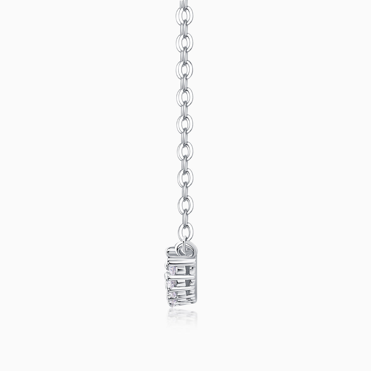 Moissanite smile necklace clasp detail with rows of small stones on the pendant-style bar