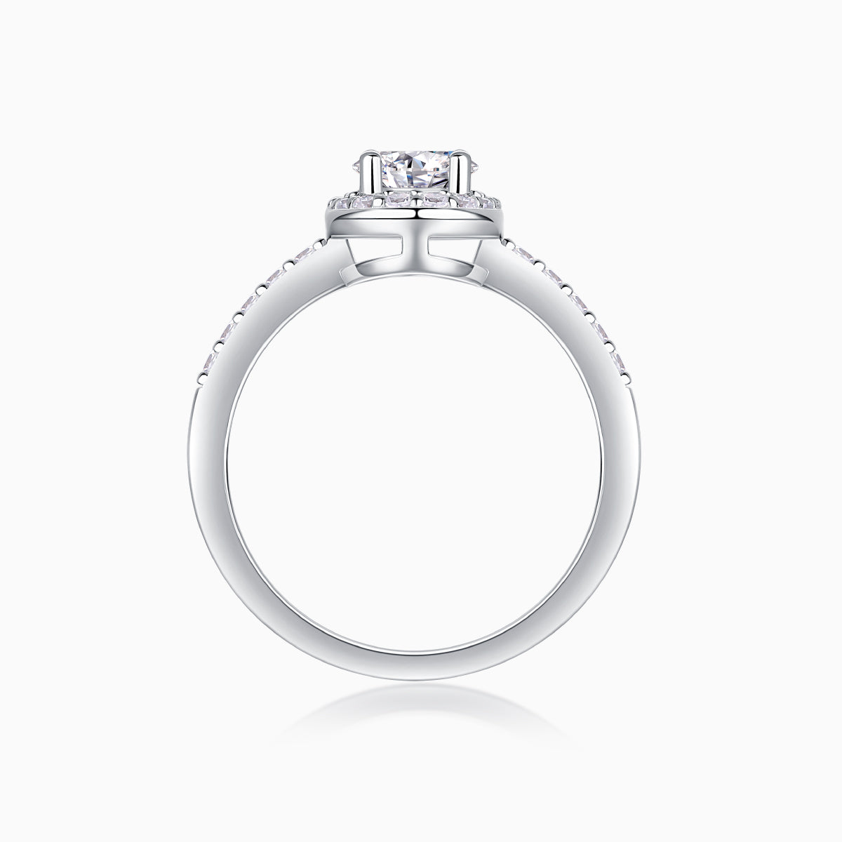 Top view of oval Moissanite engagement ring setting, pavé band, white gold vermeil