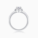 Top view of oval Moissanite engagement ring setting, pavé band, white gold vermeil