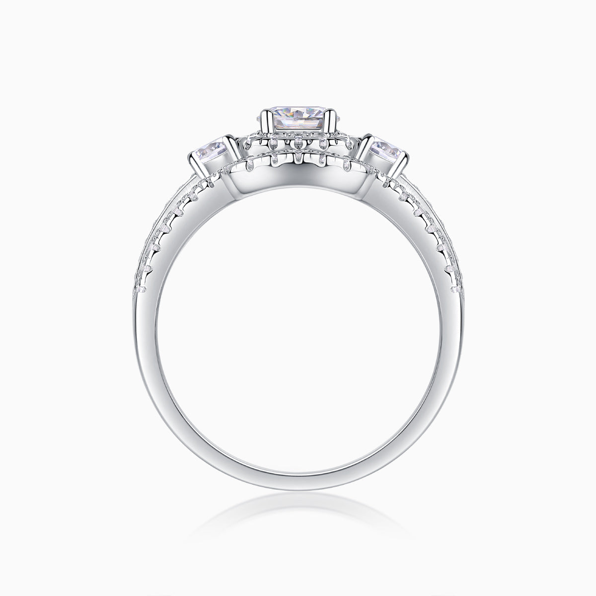 Back view of square halo moissanite ring with pavé setting and prongs