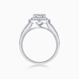 White gold-plated ring with cushion center and halo prongs, side view