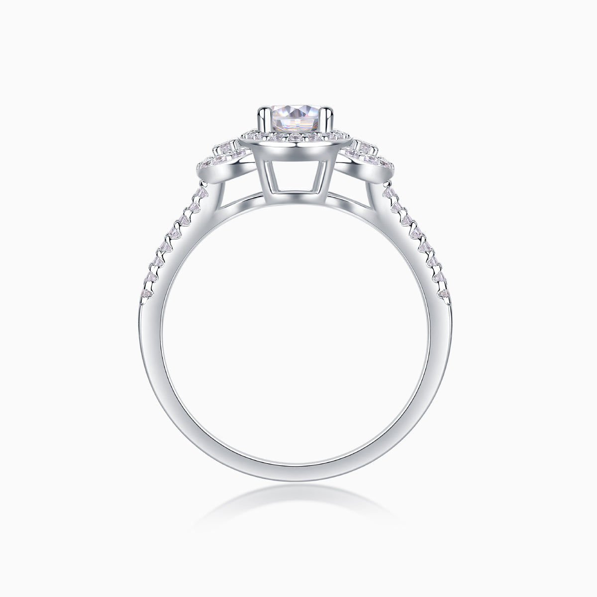 Oval halo moissanite ring profile with pavé shoulders, white gold vermeil