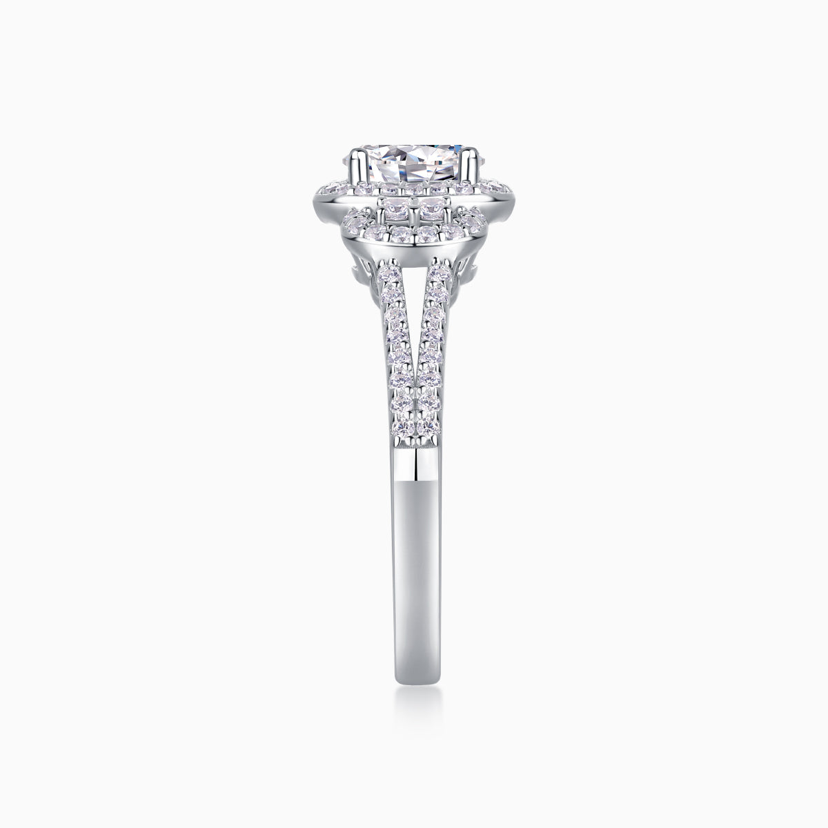Oval halo moissanite ring with prong-set center and pavé halo, white gold vermeil