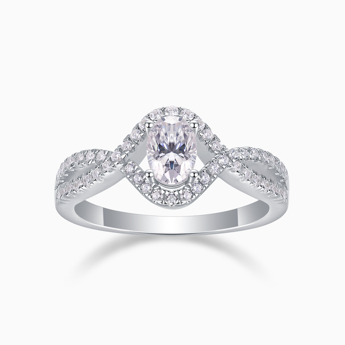 Oval halo twist engagement ring with pavé moissanite, oval center, white gold vermeil