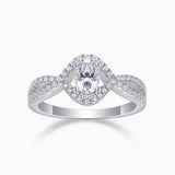 Oval halo twist engagement ring with pavé moissanite, oval center, white gold vermeil