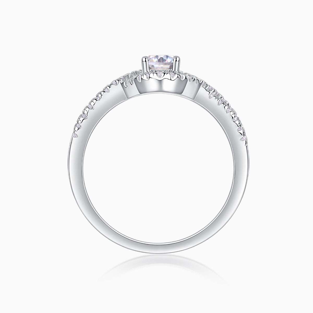 Side view of oval halo engagement ring with pavé setting, white gold vermeil band