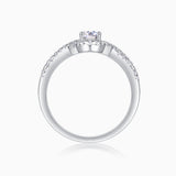 Side view of oval halo engagement ring with pavé setting, white gold vermeil band