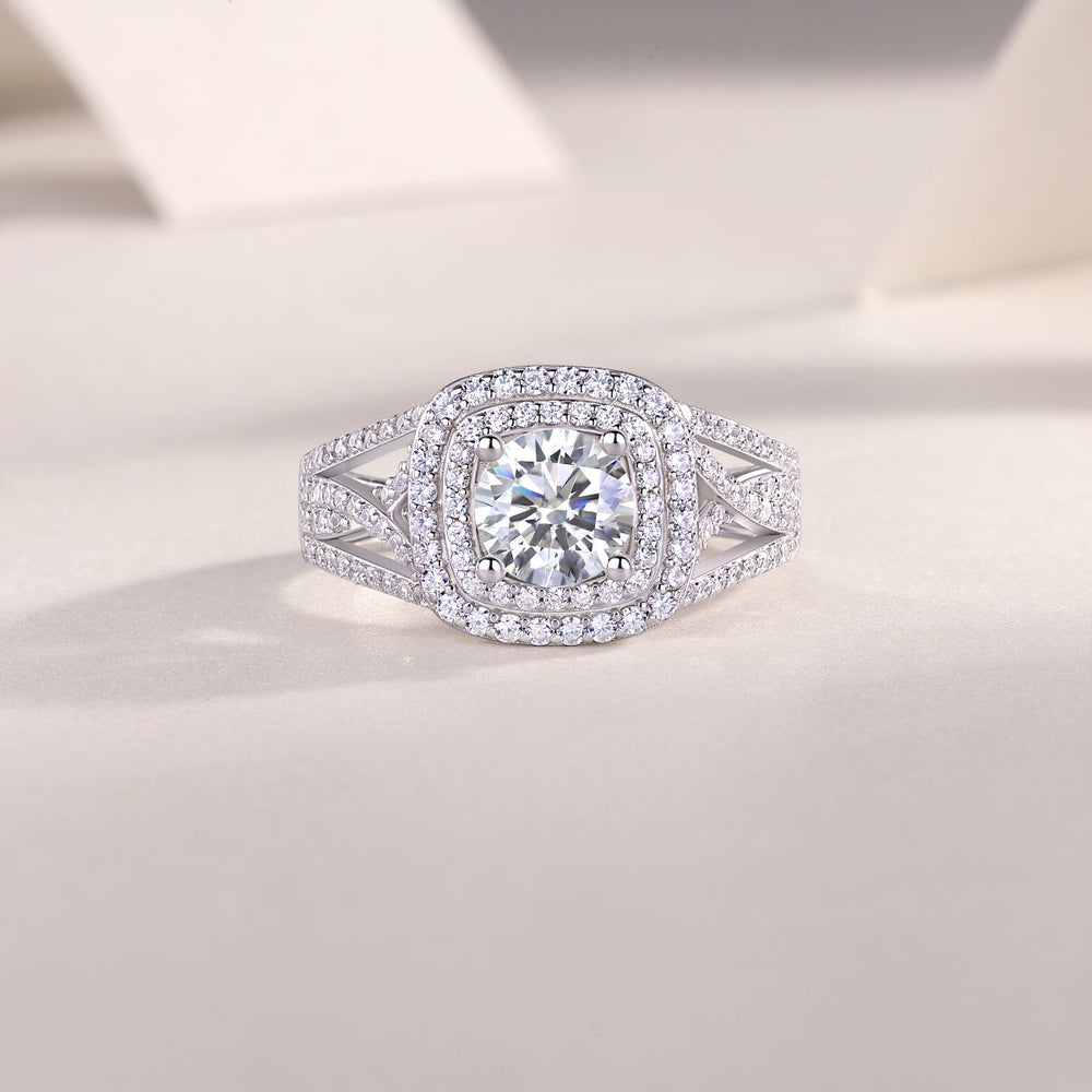 Moissanite cushion halo engagement ring with split shank, white gold-plated metal