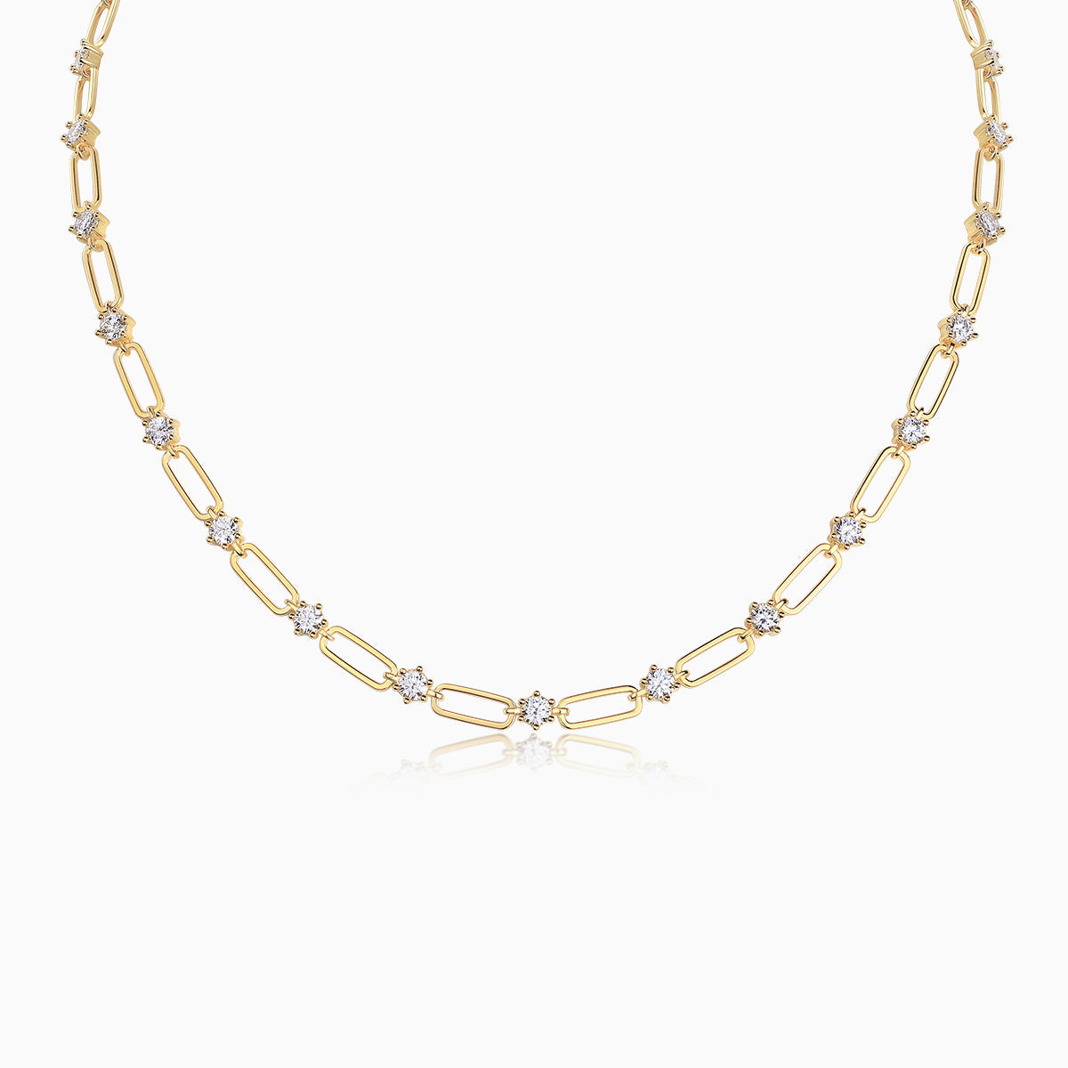 Yellow gold vermeil paperclip chain necklace with spaced moissanite station bezels
