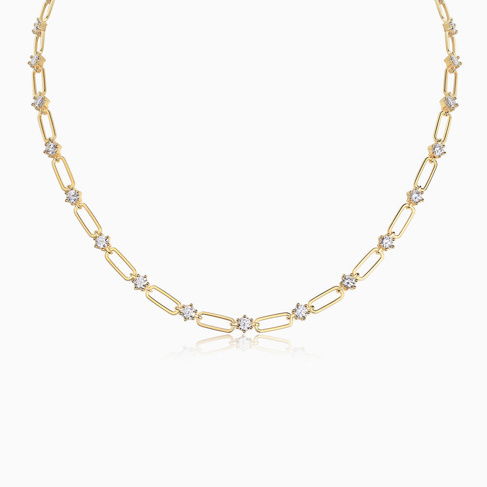 Yellow gold vermeil paperclip chain necklace with spaced moissanite station bezels