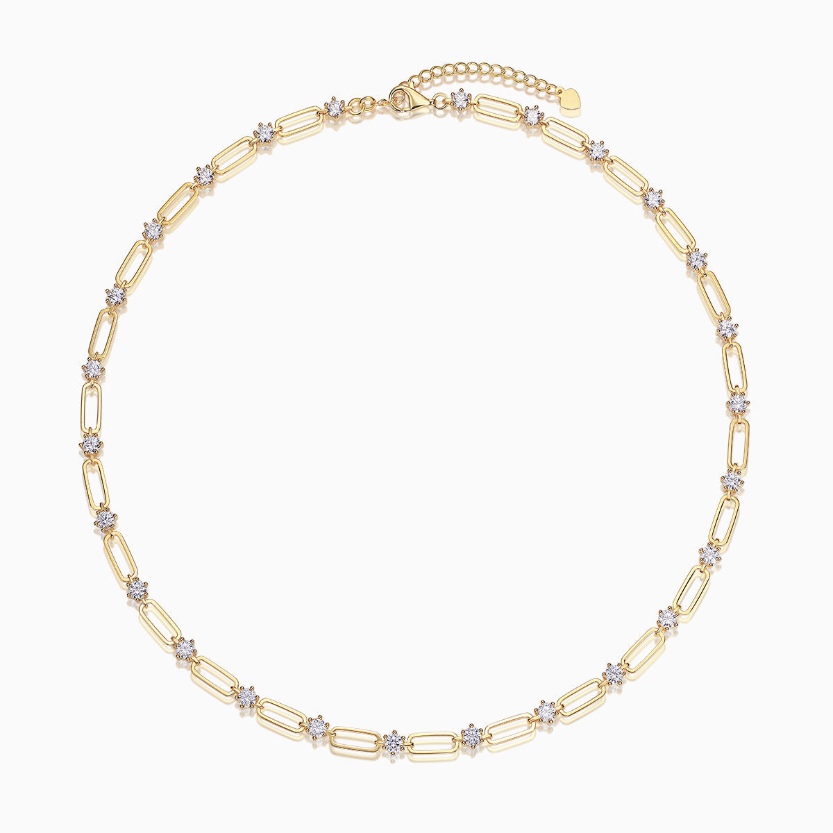 Moissanite station paperclip chain necklace in yellow gold vermeil with oval link stations