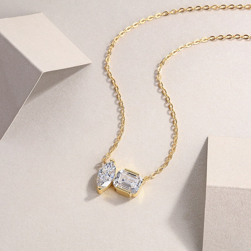 Marquise and emerald-cut moissanite necklace, yellow gold vermeil chain