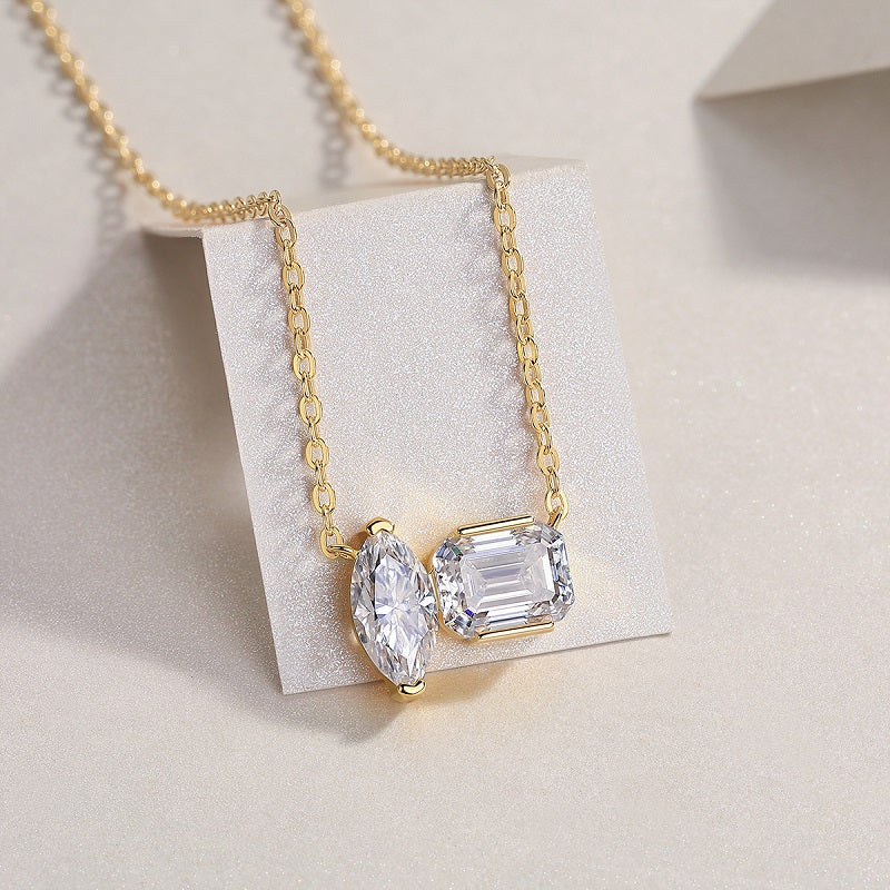 Yellow gold vermeil chain necklace with marquise center and emerald-cut side stone