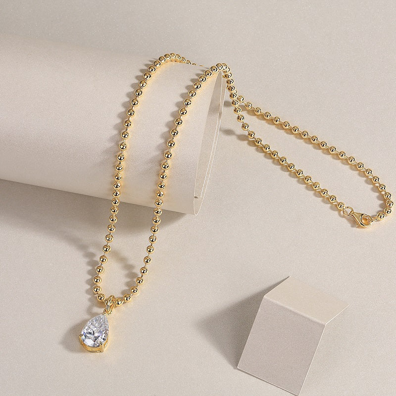 Yellow gold vermeil moissanite pear solitaire necklace with long chain