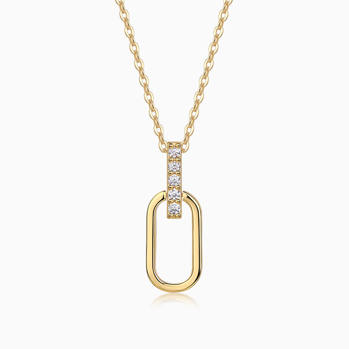 Pavé moissanite bar & oval link pendant necklace, yellow gold vermeil