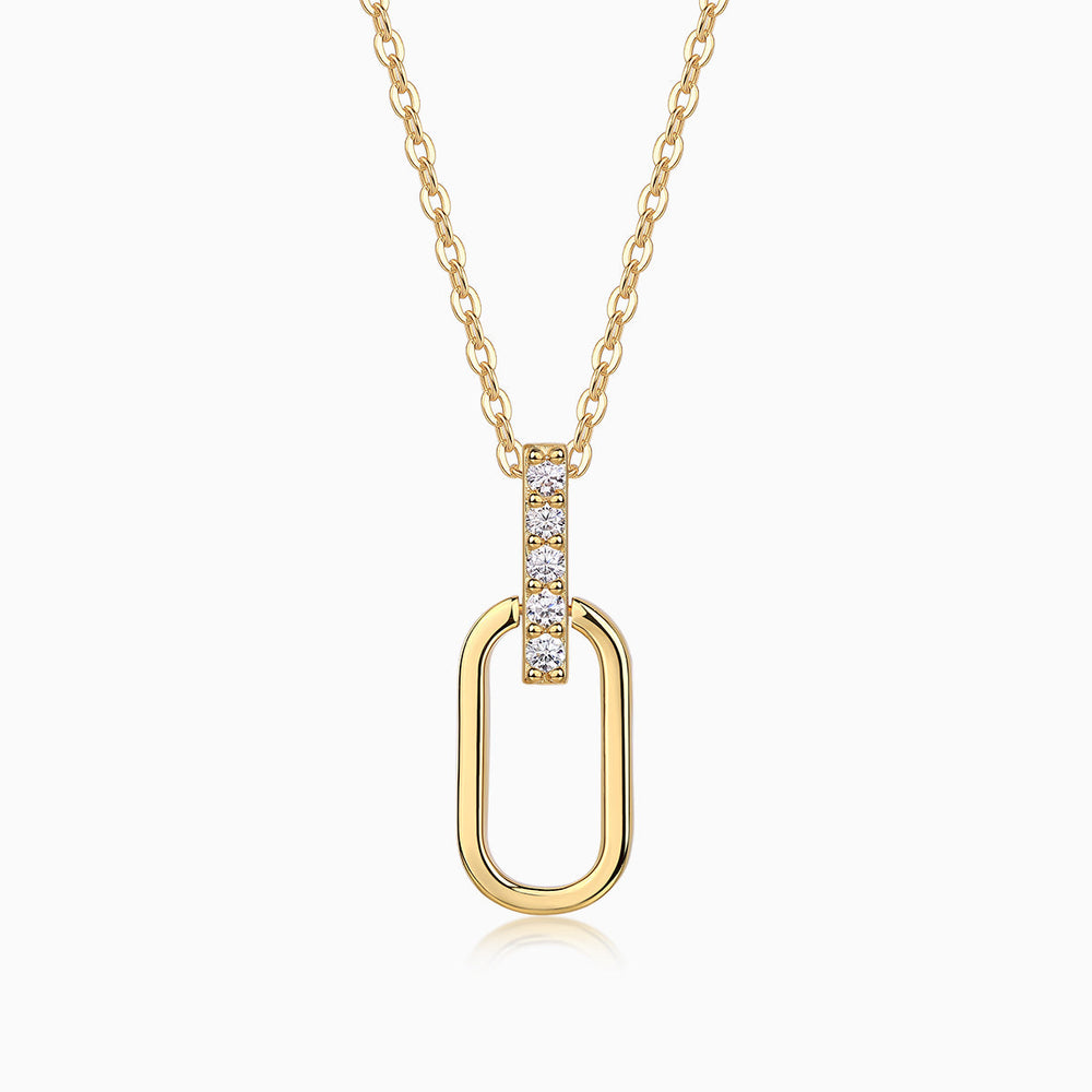 Pavé moissanite bar & oval link pendant necklace, yellow gold vermeil
